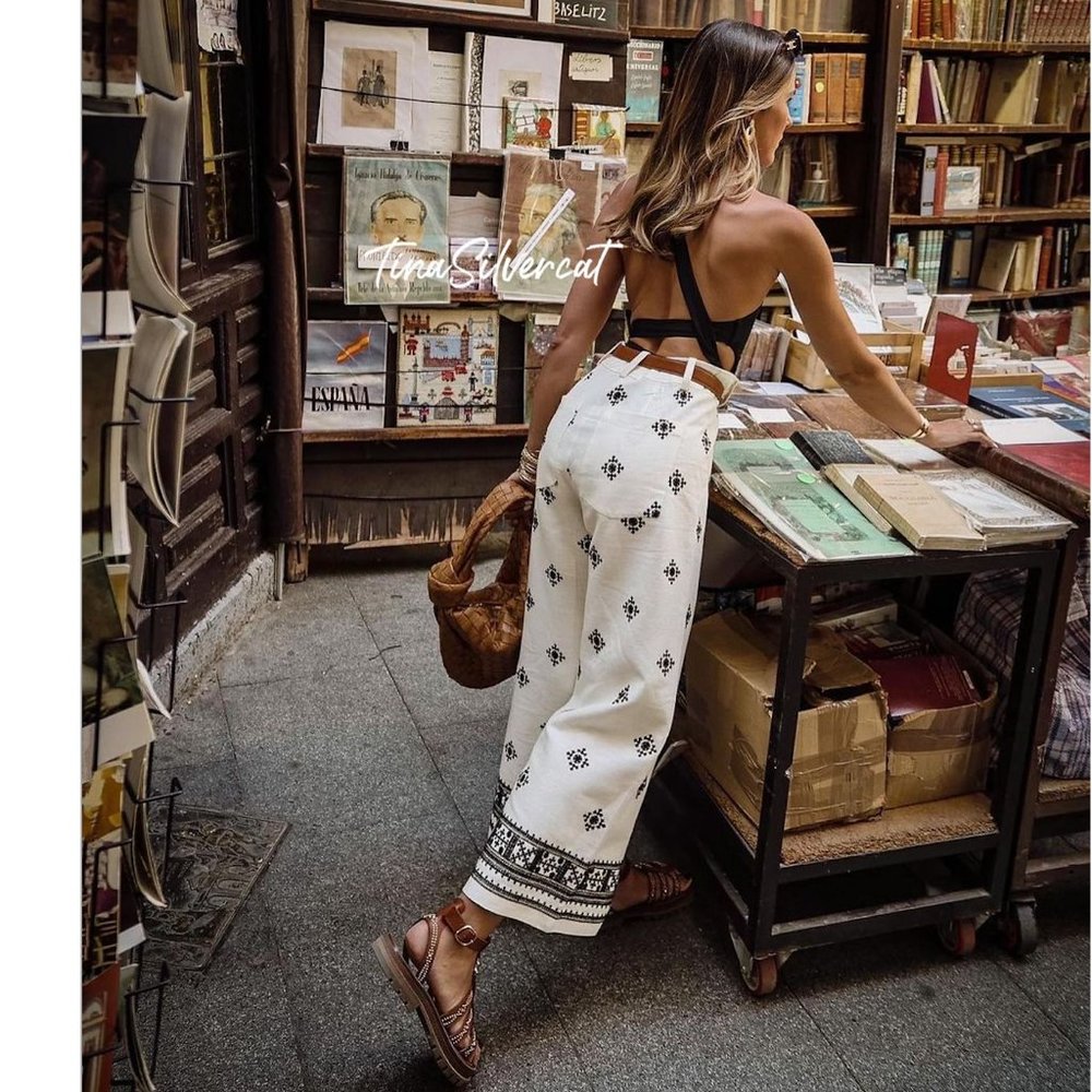 Zara Linen Blend Printed Pants White Black Sz XL NWT - Picture 2 of 16